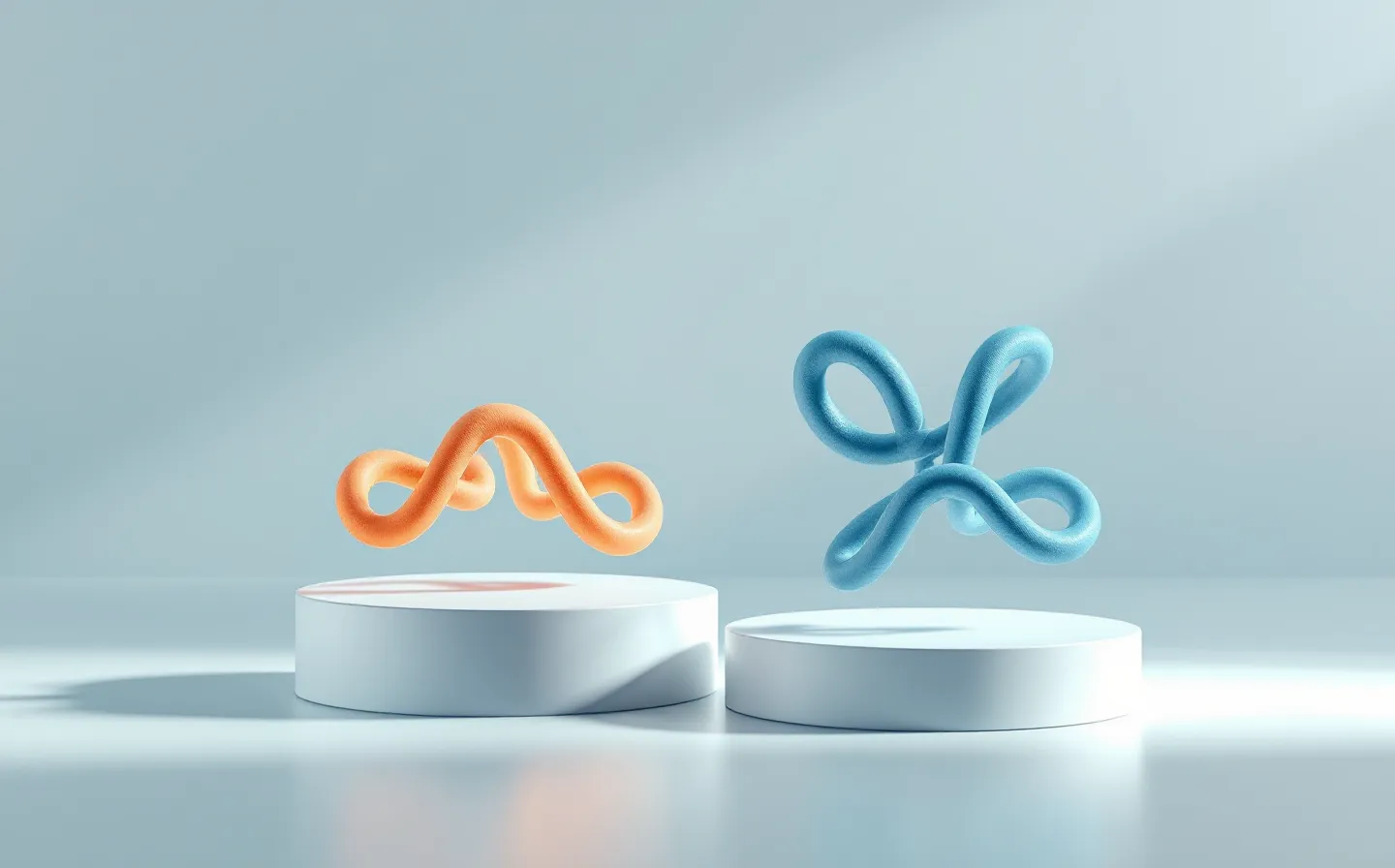 A calm studio render of two peptide specimen emblems on white plinths under even light — a longer amber coiled-peptide for BPC-157 and a short steel-blue loop for TB-500 — on a cool studio-paper ground